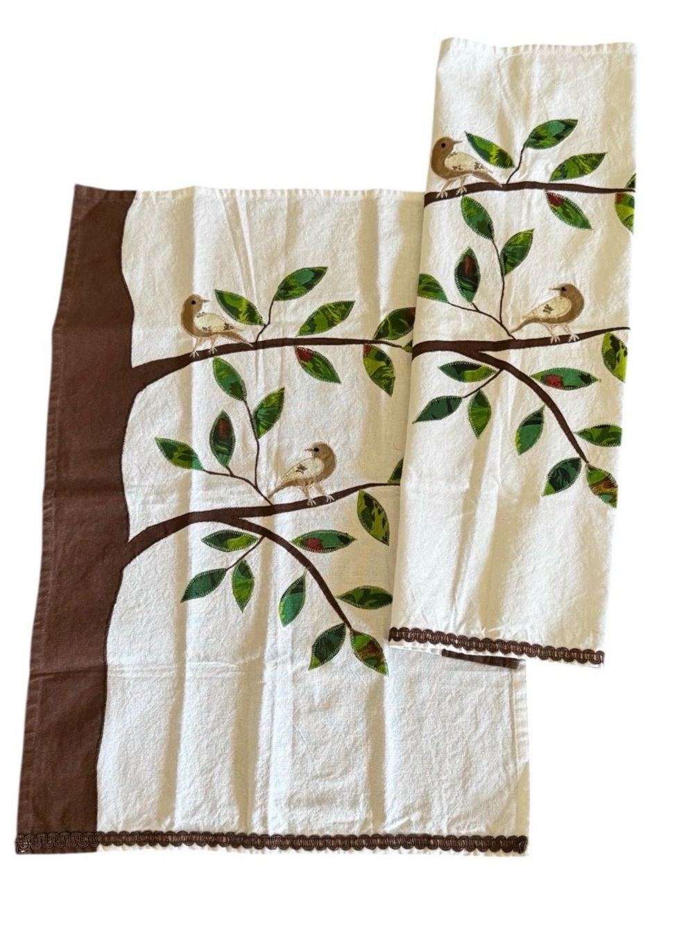 NWOT Hand embroidered 2 tea towels hand stitched kitchen birds guest linens